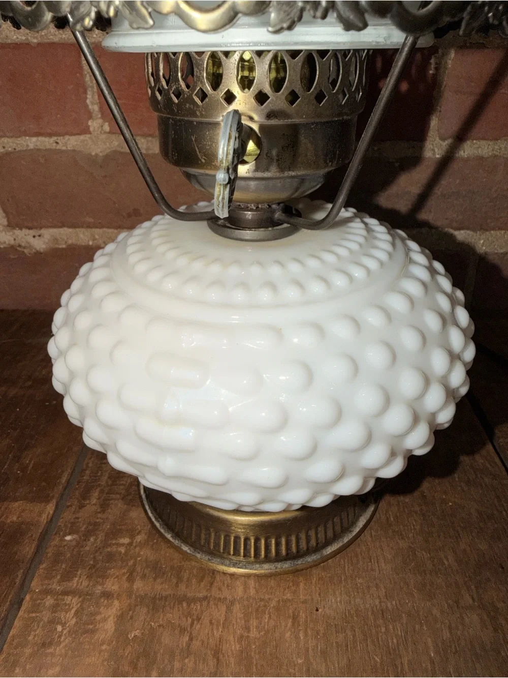 White Hobnail Milk Glass Table Lamp with Brass Accents